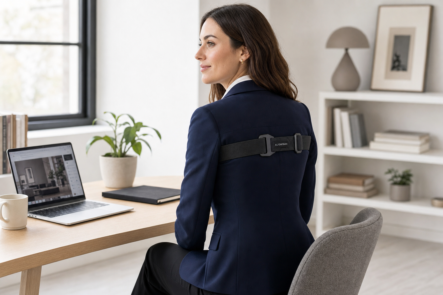 Professional working at a desk wearing the AlignFrame posture band